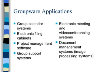 Groupware Applications Group calendar systems Electronic filing cabinets Project management software Group support systems Electronic meeting and videoconferencing systems Document management systems (image processing systems) 