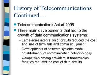 History of Telecommunications Continued…. Telecommunications Act of 1996 Three main developments that led to the growth of data communications systems: Large-scale integration of circuits reduced the cost and size of terminals and comm equipment Developments of software systems made establishment of communication networks easy Competition among providers of transmission facilities reduced the cost of data circuits 