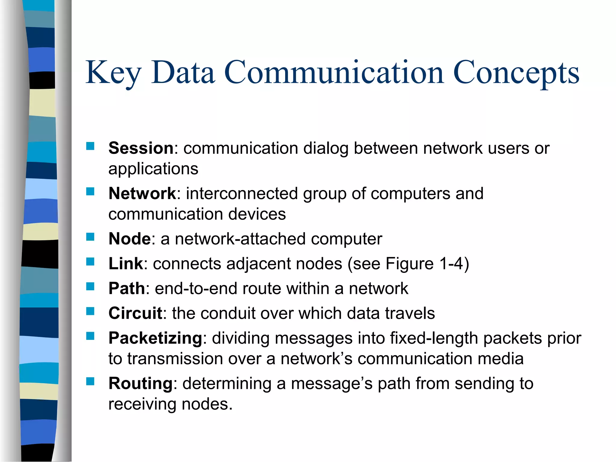 Key Data Communication Concepts
 Session: communication dialog between network users or
applications
 Network: interconnected group of computers and
communication devices
 Node: a network-attached computer
 Link: connects adjacent nodes (see Figure 1-4)
 Path: end-to-end route within a network
 Circuit: the conduit over which data travels
 Packetizing: dividing messages into fixed-length packets prior
to transmission over a network’s communication media
 Routing: determining a message’s path from sending to
receiving nodes.
 