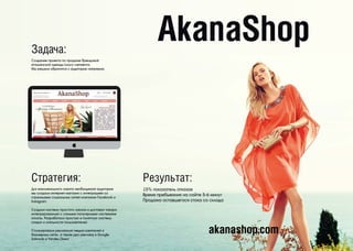 AkanaShopЗадача:
Стратегия: Результат:
Создание проекта по продаже брендовой
итальянской одежды luxury–сегмента.
Мы решили...