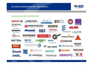 Kundenzufriedenheit hat viele Namen



Auszug aus der Kundenliste




23.03.2011                   www.crm.itml.de   9
 