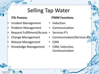 Selling Tap WaterITIL ProcessITMM FunctionsIncident ManagementProblem ManagementRequest Fulfillment/AccessChange ManagementRelease ManagementKnowledge ManagementInductionCommunicationServices P’sCommunication/Services P’sCXMCXM, Induction, Communication