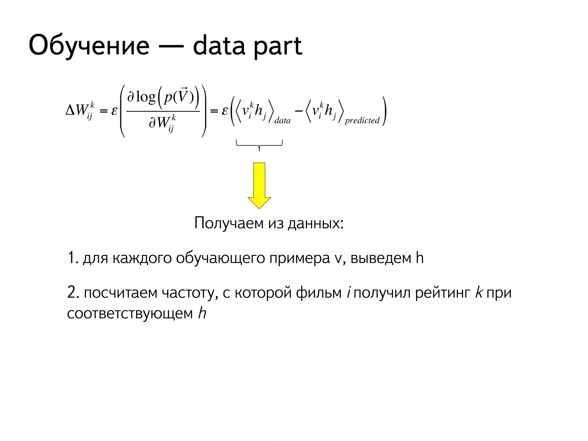 Обучение — data part 
%% 
k =ε 
ΔWij 
! 
( V)) 
∂Wij 
∂log p( 
k 
# 
$ 
& 
(( 
' 
( khkh) 
j data 
j predicted =ε vi 
− vi 
Получаем из данных: 
1. для каждого обучающего примера v, выведем h 
2. посчитаем частоту, с которой фильм i получил рейтинг k при 
соответствующем h 
 