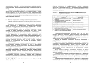 турную решетку общества, а то, что его расшатывает, разрушает, именует-             общества умножается и дифференцируется система социальных
ся дисфункциями, препятствующими интеграции и самообеспечению об-                   институтов. Современное общество — высокоинституционализированное
щества.                                                                             общество, которое в ходе своего развития порождает все новые и новые
     Социальная структура, по Парсонсу, это совокупность сложившихся в              социальные институты.
данном обществе норм и вытекающих из этих норм требований к поведе-
нию представителей тех или иных социальных групп. Поведение человека                Таблица 2.1. Основные социальные институты и фундаментальные
и социальной организации обусловливается нормативными предписаниями                              потребности общества
и ценностями, каковые и образуют высший уровень регулятивного меха-
низма социальных процессов.                                                                  Фундаментальные потребности                 Основные социальные
                                                                                                        общества                               институты
                                                                                    1.   Потребность в воспроизводстве и сохра-     Институт семьи и брака
                                                                                         нении рода
2.4. Понятие социального института и институциональный
                                                                                    2.   Потребность в решении духовных про-        Институт религии
     подход к анализу социально-коммуникативной деятельности                             блем, поиске смысла жизни
                                                                                    3.   Потребность в безопасности и социальном    Политические институты
    Применение институционального подхода позволяет проследить                           порядке
                                                                                    4.   Потребность в средствах к существованию    Экономические институты
генезис становления и формализации социально-коммуникативных
                                                                                         и повышении материального благополучия
институтов по мере развития общественных потребностей в создании,                   5.   Потребность в передаче знаний и социали-   Институты образования
переработке и потреблении социальной информации.                                         зации подрастающего поколения
    Институциональный подход к изучению социальных явлений                          6.   Потребность в сохранении и распростра-     Институты социальной памяти
возникает в рамках становления социологии как науки. Термин                              нении культуры и накопленных знаний
«институт» имеет корни от латинского «institutum» — установление.
    В социологии социальный институт определяется как устойчивый                         Социально-коммуникационные институты (или, как их часто
комплекс формальных и неформальных правил, принципов, норм,                         называют «Институты социальной памяти») возникают из разнообразных
установок, регулирующих различные сферы человеческой деятельности и                 потребностей, которые можно обобщенно определить как социальные
организующих их в систему ролей и статусов1. Одним из первых это                    потребности в сохранении и распространении культуры и накопленных
понятие стал использовать еще Герберт Спенсер, который считал, что                  знаний. Об этом более подробно изложено далее.
изучение социальных институтов есть изучение строения и развития                         Имеется два понимания социального института: нормативное и
общества, и следовательно, это изучение и составляет сущность                       учрежденческое.
социологии как науки.                                                                    Нормативное понимание «социального института» – совокупность
    Определяющее условие появления социального института – наличие                  исторически сложившихся неформальных социальных норм (обычаев или
соответствующей социальной потребности. В табл. 2.1 представлены                    стереотипов), концентрирующихся вокруг какой-то главной цели,
основные социальные институты и базовые общественные потребности,                   ценности или потребности. Типичные примеры: институт семьи,
которые привели к их появлению.                                                     экономический институт (производство и распределение товаров),
    Следует учитывать, что социальные потребности ограничены                        институт морали.
масштабами общественного производства, характером производственных                       Можно привести примеры нормативных институтов в области
отношений, уровнем культуры конкретного общества, историческими                     социальной коммуникации: фольклор, искусство, народные традиции,
традициями.                                                                         народные промыслы.
    Благодаря социальному институту обеспечивается преемственность в                     Учрежденческое понимание «социального института» – формально
использовании культурных ценностей, передаче норм социального                       организованная система учреждений (служб) и профессиональных групп,
поведения, осуществляется социализация индивидов. По мере развития                  обладающая определенным, социально признанным назначением и
                                                                                    статусом.
1
    См.: Радаев В.В., Шкаратан О.И. Социальная стратификация: Учебн. пособие. М.,        Учрежденческие социальные институты вырастают из нормативных
    1996. С. 390 – 439.                                                             институтов, при этом, не всегда полностью заменяя последних. Например,

                                        48                                                                                 49
 