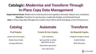 Find Copies
Locate and track copies
Global view of data
Increase efficiency
Create & Use Copies Go Beyond Copies
SLA compliance
Spin up LUNs or whole
application groups
Streamline operations
User self-service
Integrate storage w Cloud
Enable DevOps
REST API driven
Catalog Automate Transform
Catalogic: Modernize and Transform Through
In-Place Copy Data Management
Organizational Goals: Modernize to meet business and regulatory demands. Reduce cost, complexity.
Direction: Transform to new business models like DevOps and Federated Cloud.
How: In-Place Copy Data Management enables these efforts while leveraging current infrastructure.
7
 