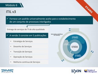 Módulo 6 
ITIL v3 
 Fornece um padrão universalmente aceito para o estabelecimento 
de um conjunto de processos interligados 
Entrega de serviços de TI de alta qualidade 
 A versão 3 consiste em 5 publicações 
• Estratégia de Serviços 
• Desenho de Serviços 
• Transição de Serviços 
• Operação de Serviços 
• Melhoria contínua de Serviços 
 