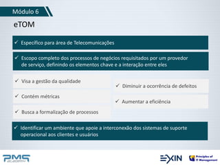 Módulo 6 
eTOM 
 Específico para área de Telecomunicações 
 Escopo completo dos processos de negócios requisitados por um provedor 
de serviço, definindo os elementos chave e a interação entre eles 
 Visa a gestão da qualidade 
 Contém métricas 
 Busca a formalização de processos 
 Diminuir a ocorrência de defeitos 
 Aumentar a eficiência 
 Identificar um ambiente que apoie a interconexão dos sistemas de suporte 
operacional aos clientes e usuários 
 