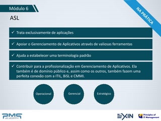 Módulo 6 
ASL 
 Trata exclusivamente de aplicações 
 Apoiar o Gerenciamento de Aplicativos através de valiosas ferramentas 
 Ajuda a estabelecer uma terminologia padrão 
 Contribuir para a profissionalização em Gerenciamento de Aplicativos. Ela 
também é de domínio público e, assim como os outros, também fazem uma 
perfeita conexão com a ITIL, BiSL e CMMI. 
Operacional Gerencial Estratégico 
 