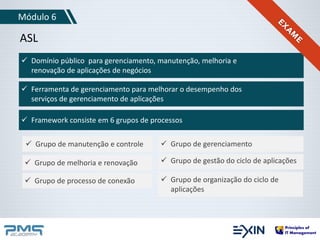 Módulo 6 
ASL 
 Domínio público para gerenciamento, manutenção, melhoria e 
renovação de aplicações de negócios 
 Ferramenta de gerenciamento para melhorar o desempenho dos 
serviços de gerenciamento de aplicações 
 Framework consiste em 6 grupos de processos 
 Grupo de manutenção e controle 
 Grupo de melhoria e renovação 
 Grupo de processo de conexão 
 Grupo de gerenciamento 
 Grupo de gestão do ciclo de aplicações 
 Grupo de organização do ciclo de 
aplicações 
 