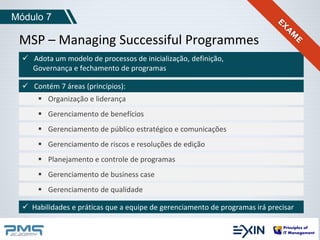 Módulo 7 
MSP – Managing Successiful Programmes 
 Adota um modelo de processos de inicialização, definição, 
Governança e fechamento de programas 
 Contém 7 áreas (princípios): 
 Organização e liderança 
 Gerenciamento de benefícios 
 Gerenciamento de público estratégico e comunicações 
 Gerenciamento de riscos e resoluções de edição 
 Planejamento e controle de programas 
 Gerenciamento de business case 
 Gerenciamento de qualidade 
 Habilidades e práticas que a equipe de gerenciamento de programas irá precisar 
 