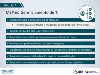 Módulo 7 
MSP no Gerenciamento de TI 
 Abordagem para o gerenciamento do programa 
 Permite que as entregas e mudanças sejam feitas de forma eficaz 
 Fornece um quadro para a gerência sênior 
 Proporciona uma melhor gestão quanto aos problemas de riscos 
 Permite uma gestão mais eficaz de casos de negócios 
 Proporciona um controle mais eficiente de um conjunto complexo de atividades 
 Proporciona uma definição clara dos papéis e responsabilidades 
 Proporciona uma transição da atual operação para os futuros negócios 
 
