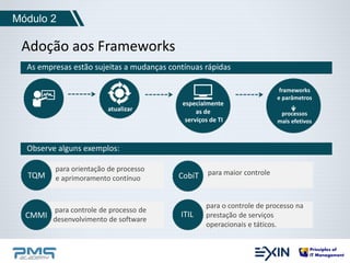 Módulo 2 
Adoção aos Frameworks 
As empresas estão sujeitas a mudanças contínuas rápidas 
atualizar 
especialmente 
as de 
serviços de TI 
frameworks 
e parâmetros 
processos 
mais efetivos 
Observe alguns exemplos: 
TQM 
para orientação de processo 
e aprimoramento contínuo CobiT para maior controle 
para controle de processo de 
desenvolvimento d CMMI e software 
para o controle de processo na 
prestação de serviços 
operacionais e táticos. 
ITIL 
 
