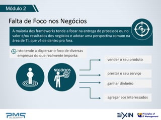 Módulo 2 
Falta de Foco nos Negócios 
A maioria dos frameworks tende a focar na entrega de processos ou no 
valor e/ou resultados dos negócios e adotar uma perspectiva comum na 
área de TI, que vê de dentro pra fora. 
Isto tende a dispersar o foco de diversas 
empresas do que realmente importa: 
vender o seu produto 
prestar o seu serviço 
ganhar dinheiro 
agregar aos interessados 
 