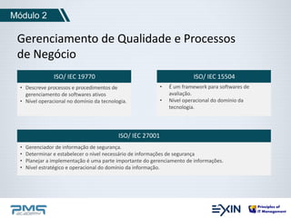Módulo 2 
Gerenciamento de Qualidade e Processos 
de Negócio 
ISO/ IEC 19770 ISO/ IEC 15504 
• Descreve processos e procedimentos de 
gerenciamento de softwares ativos 
• Nível operacional no domínio da tecnologia. 
ISO/ IEC 27001 
• É um framework para softwares de 
avaliação. 
• Nível operacional do domínio da 
tecnologia. 
• Gerenciador de informação de segurança. 
• Determinar e estabelecer o nível necessário de informações de segurança 
• Planejar a implementação é uma parte importante do gerenciamento de informações. 
• Nível estratégico e operacional do domínio da informação. 
 