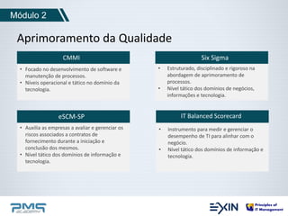 Módulo 2 
Aprimoramento da Qualidade 
CMMI Six Sigma 
• Focado no desenvolvimento de software e 
manutenção de processos. 
• Níveis operacional e tático no domínio da 
tecnologia. 
• Estruturado, disciplinado e rigoroso na 
abordagem de aprimoramento de 
processos. 
• Nível tático dos domínios de negócios, 
informações e tecnologia. 
eSCM-SP IT Balanced Scorecard 
• Auxilia as empresas a avaliar e gerenciar os 
riscos associados a contratos de 
fornecimento durante a iniciação e 
conclusão dos mesmos. 
• Nível tático dos domínios de informação e 
tecnologia. 
• Instrumento para medir e gerenciar o 
desempenho de TI para alinhar com o 
negócio. 
• Nível tático dos domínios de informação e 
tecnologia. 
 