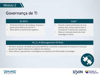 Módulo 2 
Governança de TI 
AS 8015 CobiT 
• Provê aos diretores de qualquer empresa a 
governança efetiva do uso de TI. 
• Nível tático no domínio de negócios. 
• Permite o desenvolvimento de uma 
politica clara e boas praticas para o 
controle de TI dentro das empresas. 
• Pode ser colocado dentro do nível 
estratégico e tático. 
M_O_R (Management Of Risk) 
• Monitora qualquer atividade que possa identificar e controlar a exposição da empresa a riscos que 
possam ter algum impacto nos negócios da empresa. 
• Níveis táticos, operacionais e estratégicos nos domínios da informação e tecnologia. 
 