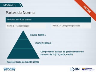 Módulo 3 
Partes da Norma 
Dividido em duas partes: 
Parte 1 – Especificação Parte 2 – Código de práticas 
ISO/IEC 20000-1 
ISO/IEC 20000-2 
Componentes básicos de gerenciamento de 
serviços de TI (ITIL, MOF, CobiT) 
Representação da ISO/IEC 20000 
 