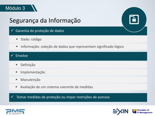 Módulo 3 
Segurança da Informação 
 Garantia de proteção de dados 
 Dado: código 
 Informação: coleção de dados que representam significado lógico 
 Envolve 
 Definição 
 Implementação 
 Manutenção 
 Avaliação de um sistema coerente de medidas 
 Tomar medidas de proteção ou impor restrições de acessos 
 