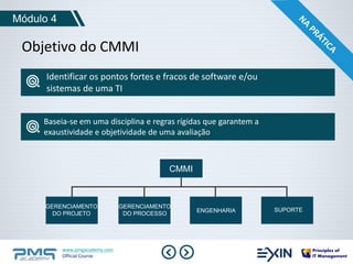 Módulo 4 
Objetivo do CMMI 
Identificar os pontos fortes e fracos de software e/ou 
sistemas de uma TI 
Baseia-se em uma disciplina e regras rígidas que garantem a 
exaustividade e objetividade de uma avaliação 
www.pmgacademy.com 
Official Course 
CMMI 
GERENCIAMENTO 
DO PROJETO 
GERENCIAMENTO 
DO PROCESSO ENGENHARIA SUPORTE 
 
