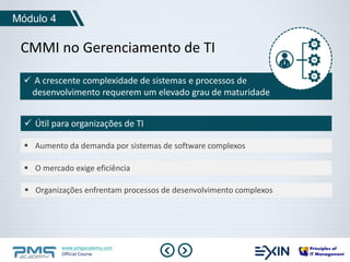 Módulo 4 
CMMI no Gerenciamento de TI 
 A crescente complexidade de sistemas e processos de 
desenvolvimento requerem um elevado grau de maturidade 
 Útil para organizações de TI 
 Aumento da demanda por sistemas de software complexos 
 O mercado exige eficiência 
 Organizações enfrentam processos de desenvolvimento complexos 
www.pmgacademy.com 
Official Course 
 