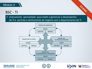 Módulo 4 
BSC - TI 
 Instrumento aproveitado para medir e gerenciar o desempenho 
de TI e permite o alinhamento do negócio com o departamento de TI 
www.pmgacademy.com 
Official Course 
 