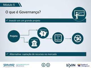 Módulo 5 
O que é Governança? 
 Investir em um grande projeto 
Projeto 
 Alternativa: captação de recursos no mercado 
www.pmgacademy.com 
Official Course 
 