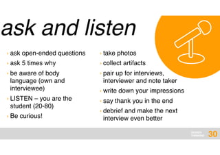 DESIGN
THINKING
ask and listen
30
› ask open-ended questions
› ask 5 times why
› be aware of body
language (own and
interviewee)
› LISTEN – you are the
student (20-80)
› Be curious!
› take photos
› collect artifacts
› pair up for interviews,
interviewer and note taker
› write down your impressions
› say thank you in the end
› debrief and make the next
interview even better
 