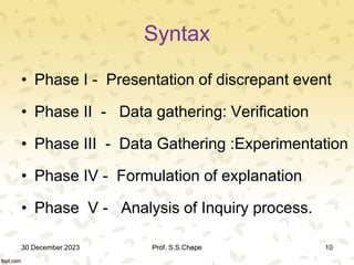 Syntax
• Phase I - Presentation of discrepant event
• Phase II - Data gathering: Verification
• Phase III - Data Gathering :Experimentation
• Phase IV - Formulation of explanation
• Phase V - Analysis of Inquiry process.
30 December 2023 10
Prof. S.S.Chepe
 