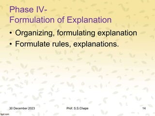 Phase IV-
Formulation of Explanation
• Organizing, formulating explanation
• Formulate rules, explanations.
30 December 2023 14
Prof. S.S.Chepe
 
