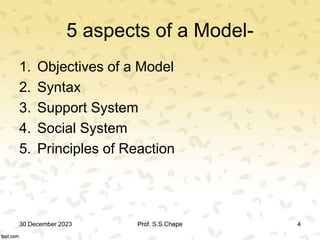 5 aspects of a Model-
1. Objectives of a Model
2. Syntax
3. Support System
4. Social System
5. Principles of Reaction
30 December 2023 4
Prof. S.S.Chepe
 