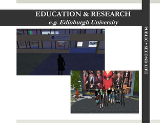 EDUCATION & RESEARCH
  e.g. Edinburgh University




                              PUBLIC * SECOND LIFE
 