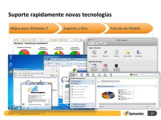 Suporte rapidamente novas tecnologias

 Migre para Windows 7              Suporte a Mac   Cotrole de Mobile




Altiris™ IT Management Suite 7.1                                       17
 