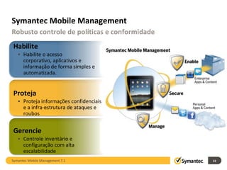 Symantec Mobile Management
Robusto controle de políticas e conformidade
Habilite
   • Habilite o acesso
     corporativo, aplicativos e
     informação de forma simples e
     automatizada.


Proteja
   • Proteja informações confidenciais
     e a infra-estrutura de ataques e
     roubos


Gerencie
   • Controle inventário e
     configuração com alta
     escalabilidade
Symantec Mobile Management 7.1                 22
 