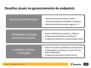 Desafios atuais no gerenciamento de endpoints

                                   •   Gerenciamento de contratos reativo
       Gerenciamento Reativo
                                   •   Aumento do preço de hardware e software
                                   •   Nenhum alinhamento entre negócio e TI



                                   • Visão insuficiente de sistemas e software
          Visibilidade Limitada    • Compras desnecessárias de softwares
           Aumenta os Custos       • Incapaz de maximizar o uso do hardware atual



                                   • Foco em consertar problemas, não resolvê-los
            Incêndios Limitam      • Incapacidade em conduzir o usuário final ao
                a Inovação           auto-atendimento
                                   • Incapaz de automatizar tarefas comuns



Altiris™ IT Management Suite 7.1                                                    4
 