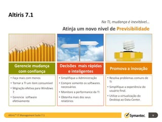 Altiris 7.1
                                                                      Na TI, mudança é inevitável…
                                      Atinja um novo nivel de Previsibilidade




      Gerencie mudança              Decisões mais rápidas
                                                                          Promova a inovação
        com confiança                   e inteligentes
 • Streamlined Software
   Faça mais com menos              • Intuitive Management Interface
                                      Simplifique a Administração        • Built-In Process Automationde
                                                                           Resolva problemas comuns
 • Management item consumível
   Tornar a TI um                   • Simplified Licenseos softwares
                                      Compre somente Management            TI
                                                                         • Tight VM Integration
 •
 •   Expandedefetiva para Windows
     Migração Mobile Support          necessários
                                    • Advanced Reporting and             • Simplifique a experiência do
                                                                         • Solving Windows 7 Application
 •   7
     Expanded Patch Management      • Analytics a performance da TI
                                      Monitore                             usuário final.
                                                                           Compatibility
 • Gerencie software                • Obtenha mais dos seus              • Utilize a virtualização do
   efetivamente                       relatórios                           Desktop ao Data-Center.



Altiris™ IT Management Suite 7.1                                                                           9
 