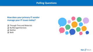 How does your primary IT vendor
manage your IT issues today?
❑ Through Time and Materials
❑ By Managed Services
❑ Neither
❑ Both
Polling Questions
 