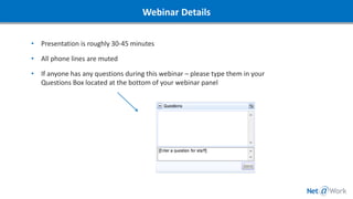 • Presentation is roughly 30-45 minutes
• All phone lines are muted
• If anyone has any questions during this webinar – please type them in your
Questions Box located at the bottom of your webinar panel
Webinar Details
 