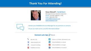 Thank You For Attending!
Connect with
646-293-1735
www.netatwork.com
netatwork.com/blog
Net@Work YouTube
Follow us on Twitter: @netatwork_corp
Follow Net@Work on LinkedIn
Follow Net@Work on Google+
Follow Net@Work on Facebook
Contact your Net@Work Account Manager for any questions or concerns.
Or you can reach out to us via the information below!
Steve Moisoff | Net@Work
Managed Service Solutions Executive
Phone: 212.997.5200 Ext. 1735
Direct: 646.293.1735
smoisoff@netatwork.com
www.netatwork.com
 