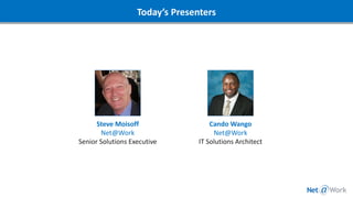 Today’s Presenters
Steve Moisoff
Net@Work
Senior Solutions Executive
Cando Wango
Net@Work
IT Solutions Architect
 