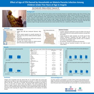Background
Effect of Age of ITN Owned by Households on Malaria Parasite Infection Among
Children Under Five Years of Age in Angola
Methods
Insecticide treated nets (ITNs) are effective for malaria control and provide protection to individuals sleeping under them and those living
in households that own them. ITNs are manufactured to have a long lasting protective effect; however, the effect of the age of ITNs in
households on malaria parasitemia under country-specific context and programmatic conditions is not well documented, particularly in
Angola. Using 2011 malaria indicator survey (MIS) this study examined the association between the age of ITNs in households and malaria
parasite prevalence among children under five years of age in Angola. ITNs that were obtained shortly before the survey may not protect
children from malaria infection because the infection may have happened before the acquisition of the net. Conversely, ITNs that were
obtained a longer time ago may be less protective due to wear and tear of the net, or reduction in efficacy of the insecticide.
Results
• Angola 2011 MIS was conducted February– May
2011.
• Survey sample powered to provide estimates for
urban and rural, and four malaria endemicity regions
(Figure 2) .
• Households interviewed were 8,030 with and 8,512
children under five year of age.
• All under five children tested for malaria parasite
with microcopy and rapid diagnostic test .
• A logistic regression performed to assess the effect of the age of
ITNs in households and malaria parasite prevalence among under
five children.
• Model adjusted for eight covariates: sex of child, age of child,
mother’s education, household had been sprayed or not,
household size, household wealth quintiles, area of residence,
and malaria epidemiologic zones.
• All covariates checked for collinearity and interaction.
• Only one child per household included in the model to avoid
cluster effects.
Summary
Children from households that had owned ITNs for 2-6 months before the survey were
significantly less likely to have malaria parasitemia compared to those from households
without ITNs (OR = 0.28, 95% CI: 0.10-0.84). ITNs that had been owned for one month or
less, or for more than six months, were not protective. ITNs remain protective against
malaria in Angola, however, when assessing their effects on parasite prevalence the age of
the net in the household should be considered. These findings provide useful information,
particularly when assessing the impact of ITN interventions on the reduction of malaria
burden.
Acknowledgments
The authors would like to acknowledge the President’s Malaria Initiative impact evaluation team for
Angola. This study was made possible by support from the U.S. Agency for International Development
(USAID) under the terms of Cooperative Agreement GPO-A-00-03-00003-00. The opinions expressed are
those of the authors and do not necessarily reflect the views of USAID, or the United States Government.
Variables N Odds Ratio (95% CI) p value
ITN ownership by age of net
No ITN 1,558 1.0
ITN owned for 1 month or less 61 0.27 (0.03-2.31) 0.232
ITN owned for 2-6 months 255 0.28 (0.10-0.84) 0.023
ITN owned for 6-12 months 152 0.44 (0.12-1.60) 0.212
ITN owned for more than 12 months 83 0.29 (0.06-1.40) 0.124
Sex
Male 1,032 1.0 <0.001
Female 1,077 0.95 (0.71-1.28) 0.744
Age of child
6-23 months 602 1.0 <0.001
24-59 months 1,507 1.08 (0.96-1.21) 0.207
Mother's Education
None 706 1.0
Primary 1,157 0.96 (0.71-1.32) 0.822
Secondary and Higher 246 1.3 (0.44-3.85) 0.642
Household sprayed last 12 months
No 1,965 1.0
Yes 144 0.5 (0.23-1.08) 0.077
Household size
3 or less members 193 1.0 <0.001
4-5 members 736 2.34 (1.25-4.36) 0.008
6-7 members 662 1.92 (1.01-3.63) 0.044
8 or more members 518 2.02 (1.04-3.92) 0.038
Wealth quintile
Least poor 507 1.0
Second 618 1.98 (1.00-3.86) 0.049
Third 363 6.87 (3.57-13.20) <0.001
Fourth 280 6.57 (3.37-12.82) <0.001
Poorest 341 3.82 (1.94-7.55) <0.001
Residence
Rural 1,337 1.0
Urban* 772 0.11 (0.05-0.24) <0.001
Malaria Epidemiologic Zones
Hyperendemic 532 1.0 <0.001
Mesoendemic stable 564 0.47 (0.32-0.68) <0.001
Mesoendemic unstable 592 0.24 (0.16-0.37) <0.001
Luanda 421 0.67 (0.21-2.07) 0.482
N = 1937 (Model restricted to one child under-five years per household to avoid cluster effects); Pseudo R2: 0.1925; p < 0.05; CI = Confidence Interval;
Figure 1: Location of Angola Data Source Statistical AnalysisFigure 2: Malaria endemicity zones
Ana Franka koh1, Rebecca Winter2, Yazoume Ye1
1MEASURE Evaluation/ICF International, 2MEASURE DHS, ICF International
37 35
0
10
20
30
40
50
60
70
80
90
100
any net ITN
%householdsownatleastone
Figure 3: Household ownership of any nets and ITNs
Source: MIS 2011
41
21
0
10
20
30
40
50
60
70
80
90
100
with children under-five without children under-five
%householdsownatleastone
Source: MIS 2011
Figure 4: ITN ownership in households with and without under five children
Table 1: Logistic regression outputs: The effect of ITNs ownership by age of net on malaria parasitemia
Figure 5: Household ownership of ITNs, by malaria epidemiologic zone
24 27 27 26
0
10
20
30
40
50
60
70
80
90
100
Hyperendemic Mesoendemic stable Mesoendemic
unstable
Luanda
%sleptunderITNpreviousnight
Figure 6: ITN use among under five children by malaria epidemiologic zone
30
36 37 35
0
10
20
30
40
50
60
70
80
90
100
Hyperendemic Mesoendemic stable Mesoendemic
unstable
Luanda
%householdsownatleastone
Source: MIS 2011
Source: MIS 2011
 