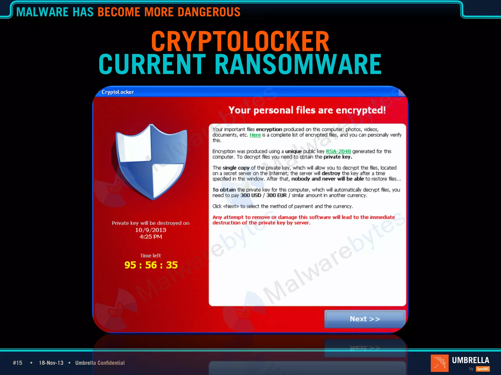 MALWARE HAS BECOME MORE DANGEROUS

CRYPTOLOCKER
CURRENT RANSOMWARE

#15 Ÿ
#15

18-Nov-13 Ÿ Umbrella Confidential

 