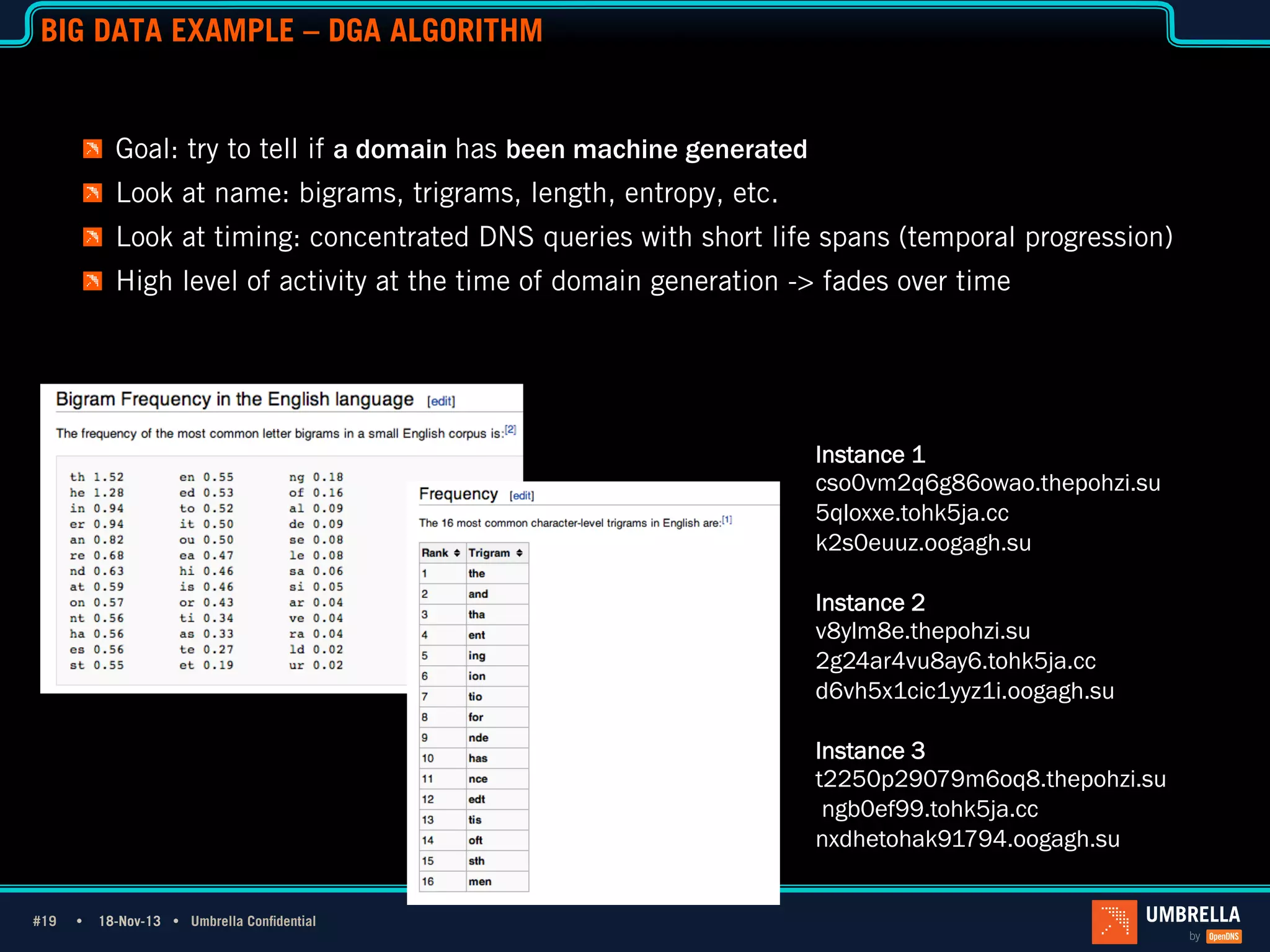 BIG DATA EXAMPLE – DGA ALGORITHM

!   Goal: try to tell if a domain has been machine generated
!   Look at name: bigrams, trigrams, length, entropy, etc.
!   Look at timing: concentrated DNS queries with short life spans (temporal progression)
!   High level of activity at the time of domain generation -> fades over time

Instance 1
cso0vm2q6g86owao.thepohzi.su
5qloxxe.tohk5ja.cc
k2s0euuz.oogagh.su
Instance 2
v8ylm8e.thepohzi.su
2g24ar4vu8ay6.tohk5ja.cc
d6vh5x1cic1yyz1i.oogagh.su
Instance 3
t2250p29079m6oq8.thepohzi.su
ngb0ef99.tohk5ja.cc
nxdhetohak91794.oogagh.su
#19 Ÿ
#19

18-Nov-13 Ÿ Umbrella Confidential

 