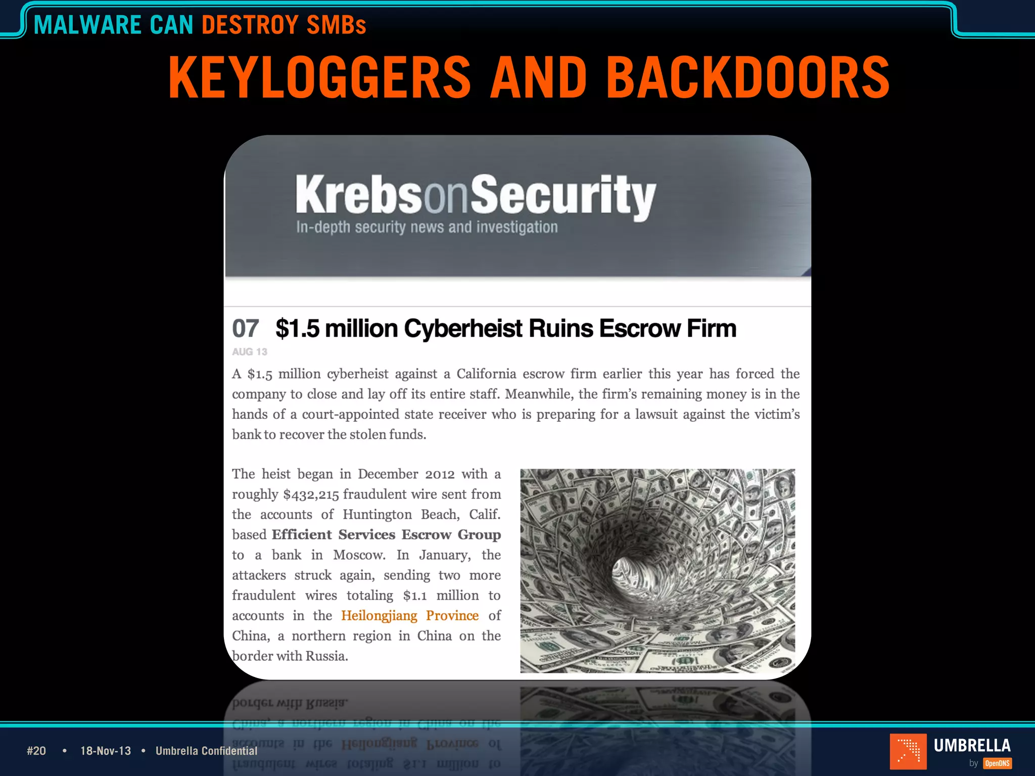 MALWARE CAN DESTROY SMBs

KEYLOGGERS AND BACKDOORS

#20 Ÿ
#20

18-Nov-13 Ÿ Umbrella Confidential

 