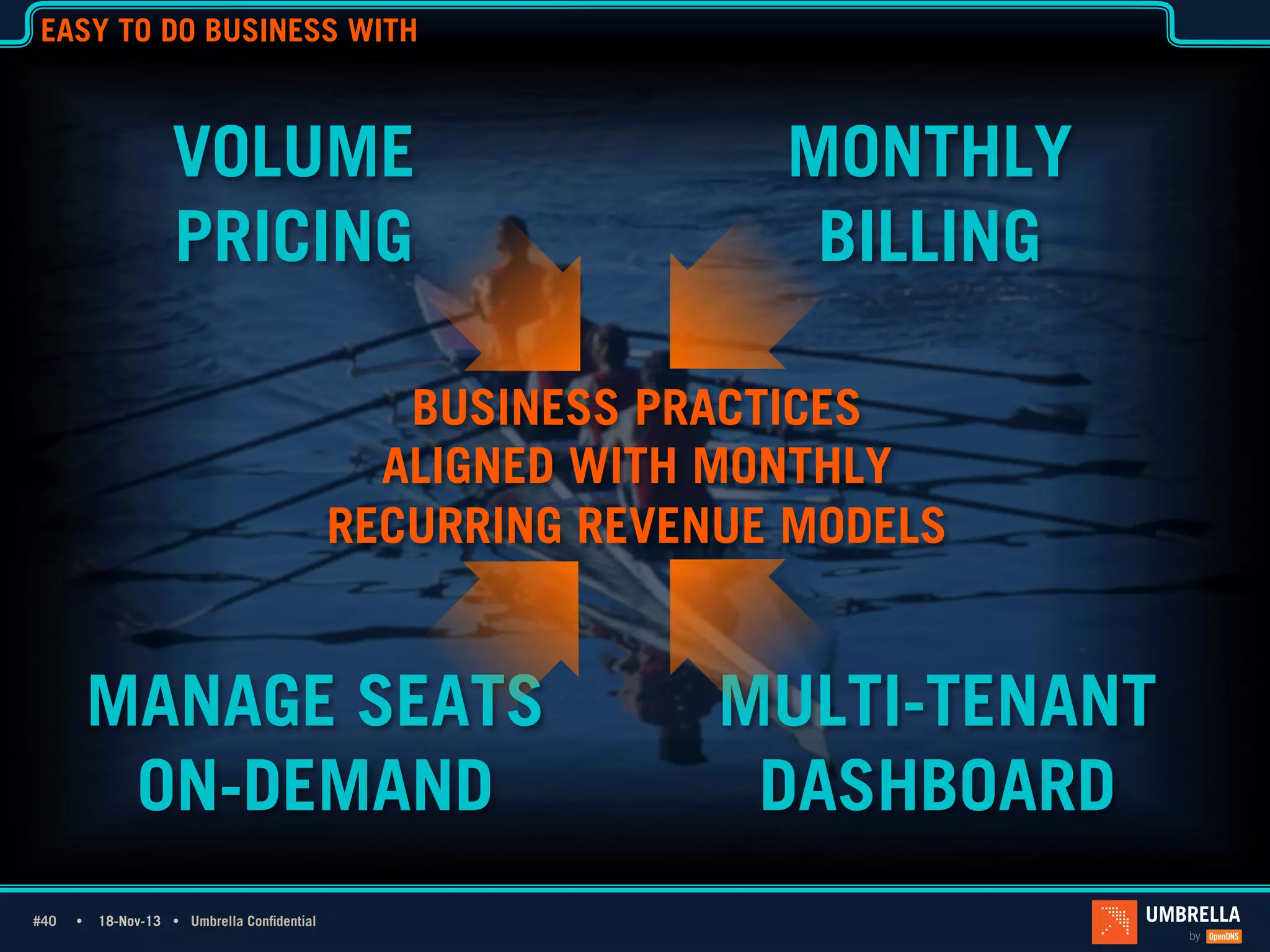 EASY TO DO BUSINESS WITH

VOLUME
PRICING

MONTHLY
BILLING

BUSINESS PRACTICES
ALIGNED WITH MONTHLY
RECURRING REVENUE MODELS

MANAGE SEATS
ON-DEMAND
#40 Ÿ
#40

18-Nov-13 Ÿ Umbrella Confidential

MULTI-TENANT
DASHBOARD

 