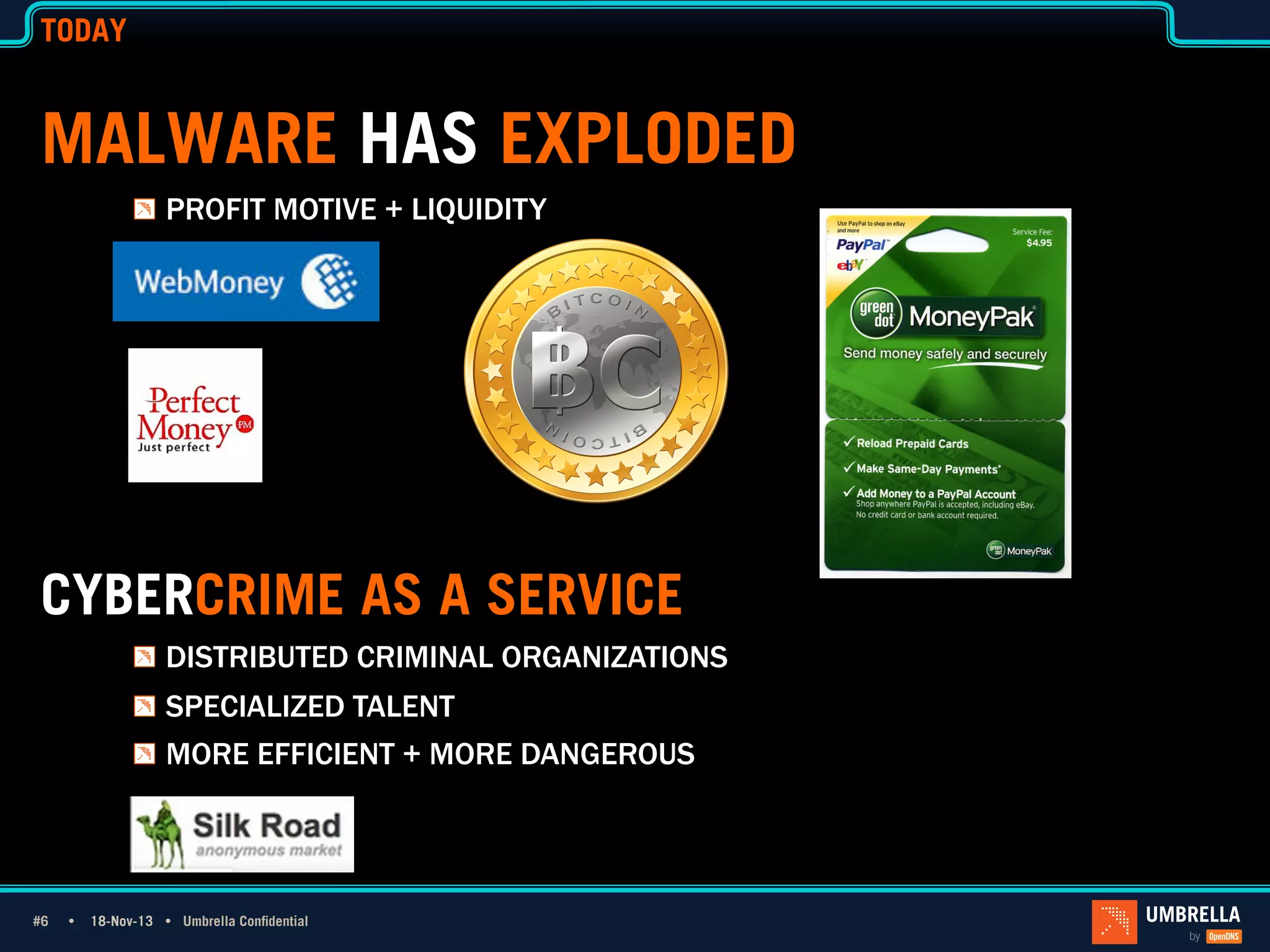 TODAY

MALWARE HAS EXPLODED
!   PROFIT MOTIVE + LIQUIDITY

CYBERCRIME AS A SERVICE
!   DISTRIBUTED CRIMINAL ORGANIZATIONS
!   SPECIALIZED TALENT
!   MORE EFFICIENT + MORE DANGEROUS

#6 #6Ÿ

18-Nov-13 Ÿ Umbrella Confidential

 