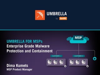 1_Title (1)

UMBRELLA FOR MSPs
Enterprise Grade Malware
Protection and Containment

Dima Kumets
MSP Product Manager
Umbrella Confidential

 