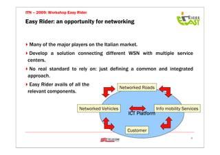 ITN – 2009: Workshop Easy Rider

Easy Rider: an opportunity for networking


 Many of the major players on the Italian market.
  Develop a solution connecting different WSN with multiple service
 centers.
  No real standard to rely on: just defining a common and integrated
 approach.
  Easy Rider avails of all the
                                                Networked Roads
 relevant components.


                           Networked Vehicles                     Info mobility Services
                                                   ICT Platform


                                                   Customer
                                                                                    4
 