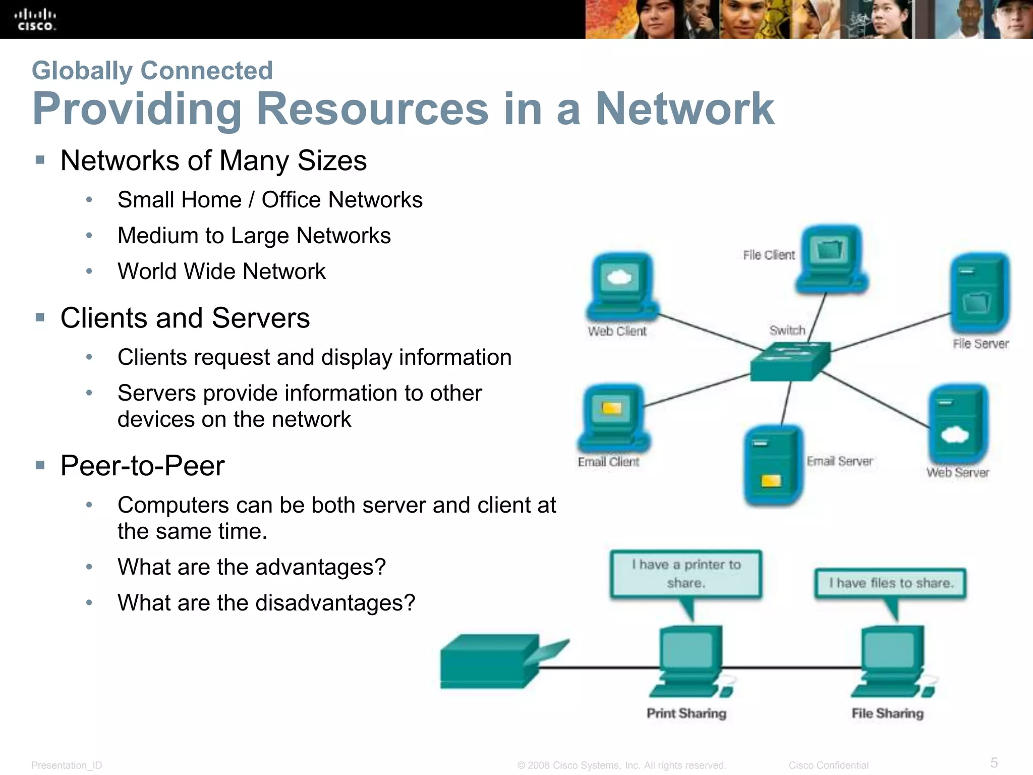 Presentation_ID 5© 2008 Cisco Systems, Inc. All rights reserved. Cisco Confidential
Globally Connected
Providing Resources in a Network
 Networks of Many Sizes
• Small Home / Office Networks
• Medium to Large Networks
• World Wide Network
 Clients and Servers
• Clients request and display information
• Servers provide information to other
devices on the network
 Peer-to-Peer
• Computers can be both server and client at
the same time.
• What are the advantages?
• What are the disadvantages?
 