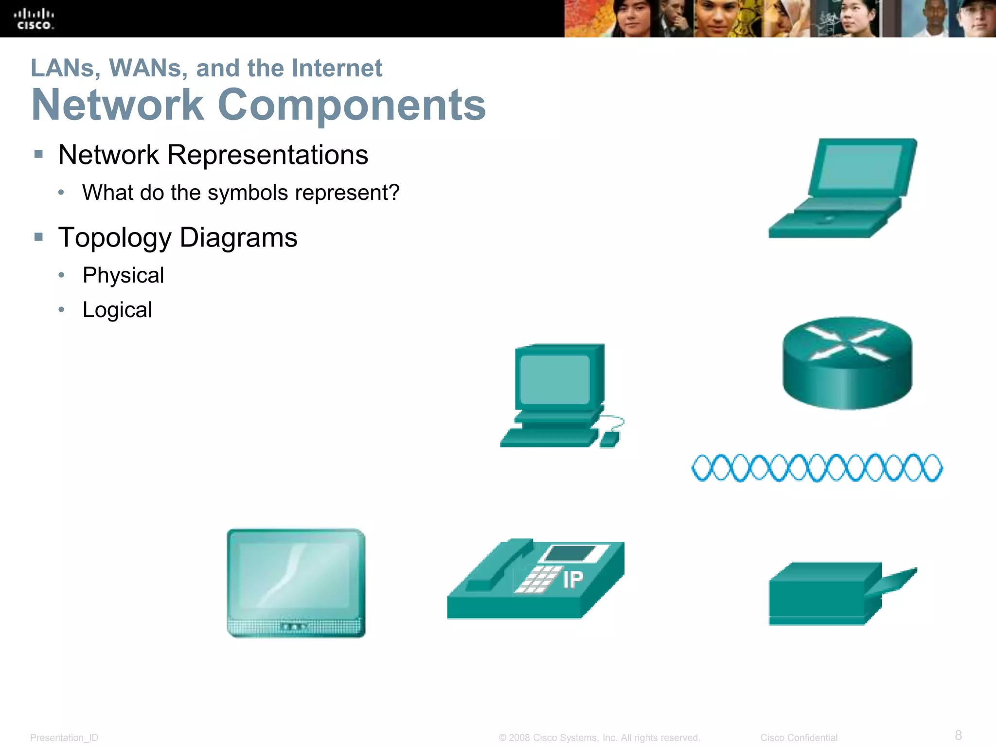 Presentation_ID 8© 2008 Cisco Systems, Inc. All rights reserved. Cisco Confidential
LANs, WANs, and the Internet
Network Components
 Network Representations
• What do the symbols represent?
 Topology Diagrams
• Physical
• Logical
 