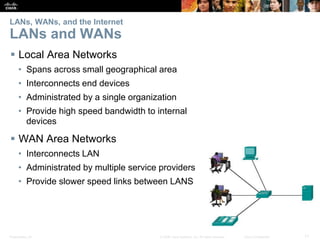 Presentation_ID 11© 2008 Cisco Systems, Inc. All rights reserved. Cisco Confidential
LANs, WANs, and the Internet
LANs and WANs
 Local Area Networks
• Spans across small geographical area
• Interconnects end devices
• Administrated by a single organization
• Provide high speed bandwidth to internal
devices
 WAN Area Networks
• Interconnects LAN
• Administrated by multiple service providers
• Provide slower speed links between LANS
 